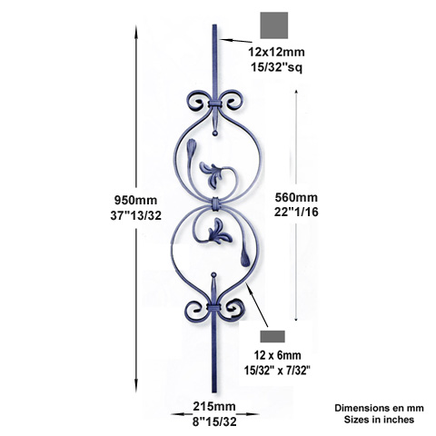 Balustre  motif H950mm 12x12mm Acier assembl Balustre