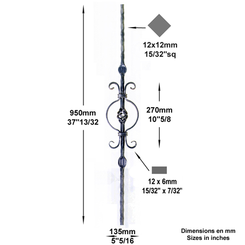 Balustre  motifs H950mm 12x12mm Acier martel Balustre