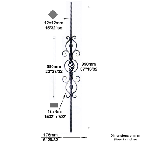 Balustre  motifs H950mm 12x12mm Acier martel Balustre