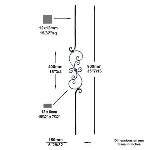 Balustre  motifs H900mm 12x12mm Acier assembl Balustre