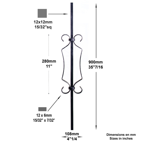 Balustre  motifs H900mm 12x12mm Acier assembl Balustre