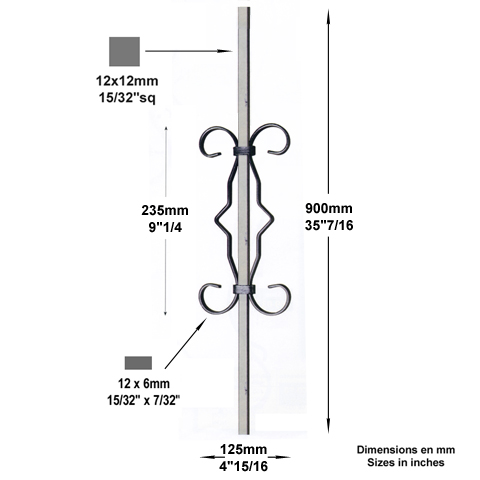 Balustre  motifs H900mm 12x12mm Acier assembl Balustre