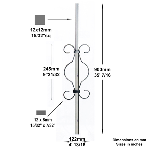 Balustre  motifs H900mm 12x12mm Acier assembl Balustre