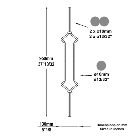 Balustre art dco H950mm 2x10mm Acier artdco Balustre