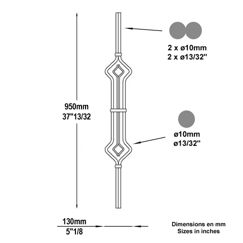 Balustre art dco H950mm 2x10mm Acier artdco Balustre