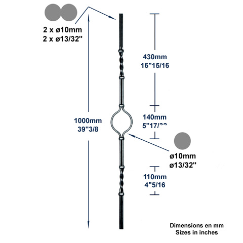 Balustre artdco H1000mm 2x10mm Acier artdco Balustre