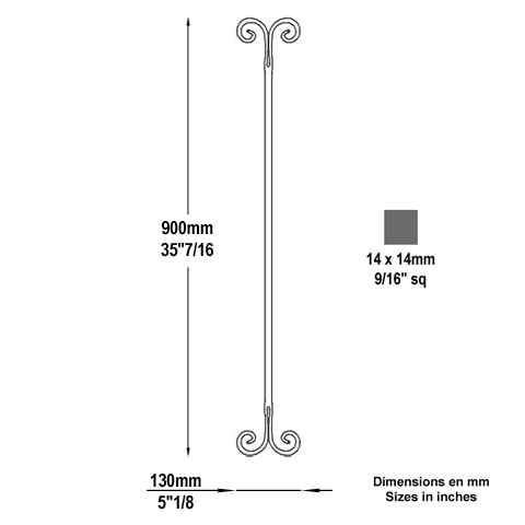 Balustre droit forg H900mm 14x14mm Acier forg Balustre