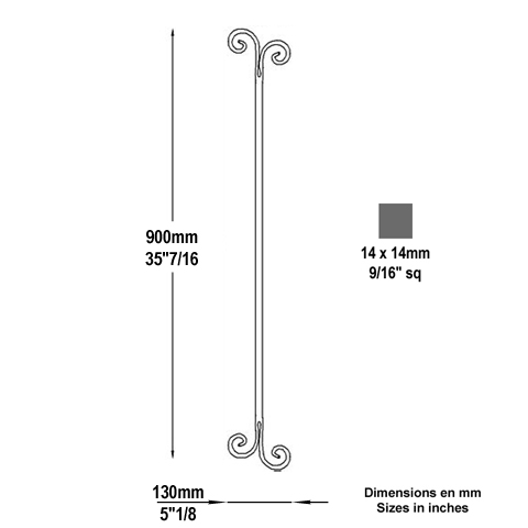 Balustre droit forg H900mm 14x14mm Acier forg Balustre