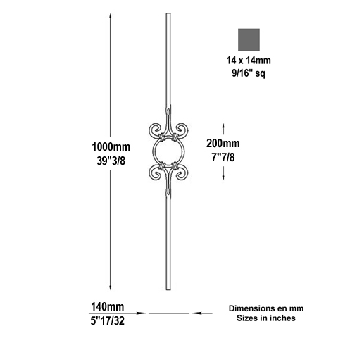 Balustre droitforg H1000mm 14x14mm Acier forg Balustre