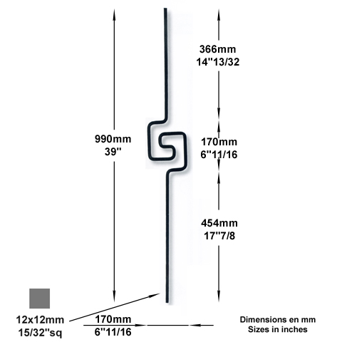 Balustre art dco H990mm 12x12mm Acier artdco Balustre