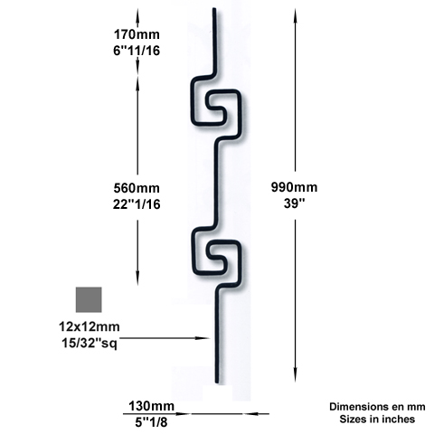 Balustre art dco H990mm 12x12mm Acier artdco Balustre