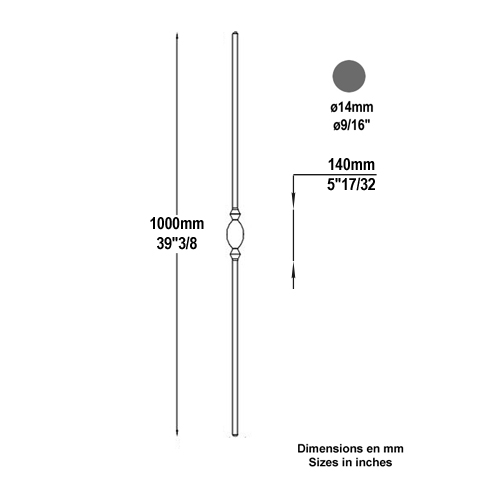 Balustre bross H1000mm 14mm Acier forg bross Balustre