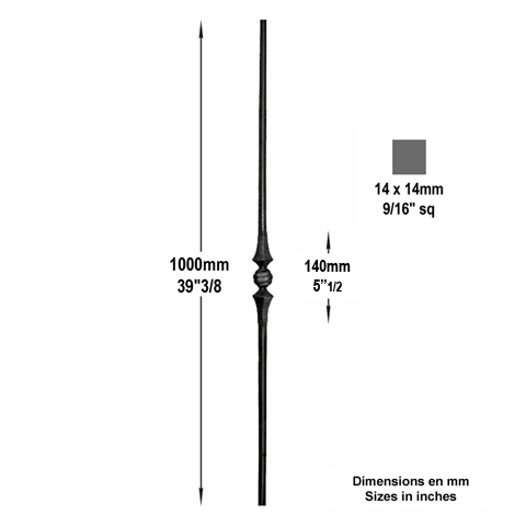 Balustre bross H1000mm 14x14mm Acier forg bross Balustre