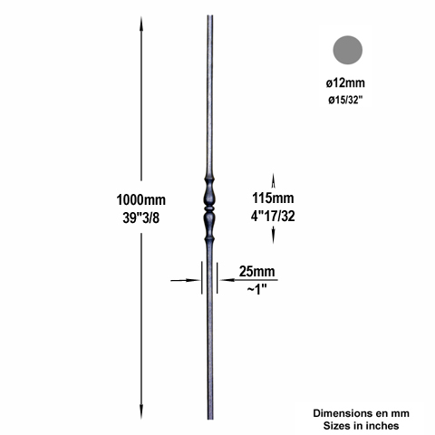 Balustre forg H1000mm 12mm Acier forg Balustre