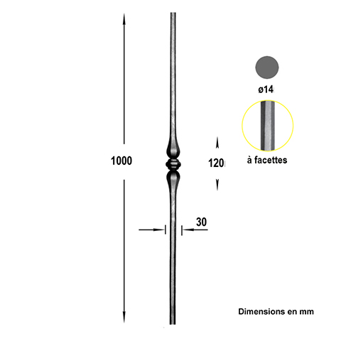 Balustre forg H1000mm 14mm Acier forg Balustre