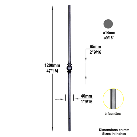 Balustre forg H1200mm 14mm Acier forg Balustre