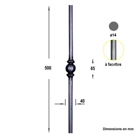 Balustre forg H500mm 14mm Acier forg Balustre