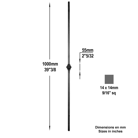 Balustre forg H1000mm 14x14mm Acier forg Balustre