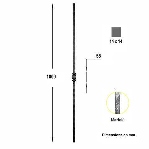 Balustre forg H1100mm 14x14mm Acier forg Balustre