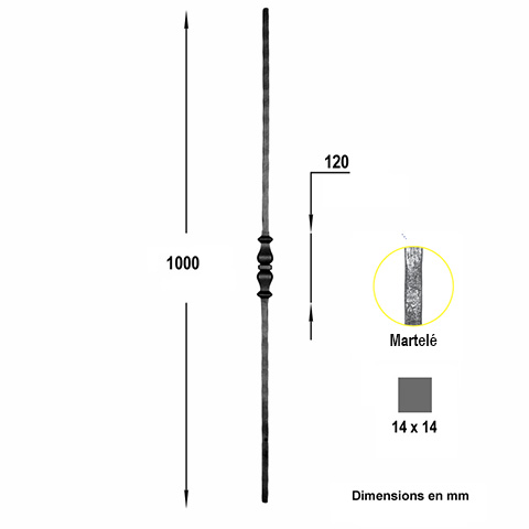 Balustre forg H1000mm 14x14mm Acier forg Balustre