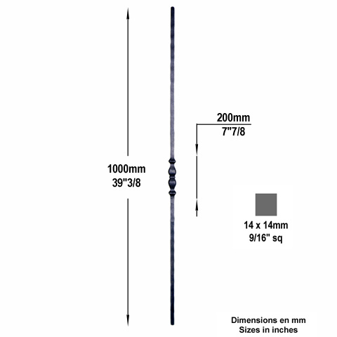 Balustre forg H1000mm 14x14mm Acier forg Balustre