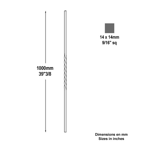 Balustre torsad H1000mm 14x14mm ALU torsad Balustre