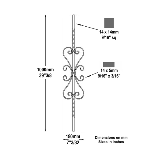 Balustre assembl H1000mm 14x14mm ALU assembl Balustre