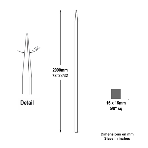 Barreau appoint 16x16mm 2000mm Barreau 16x16mm Barreau appoint