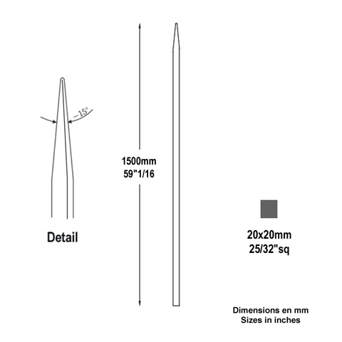 Barreau appoint 20x20mm 1500mm Barreau 20x20mm Barreau appoint