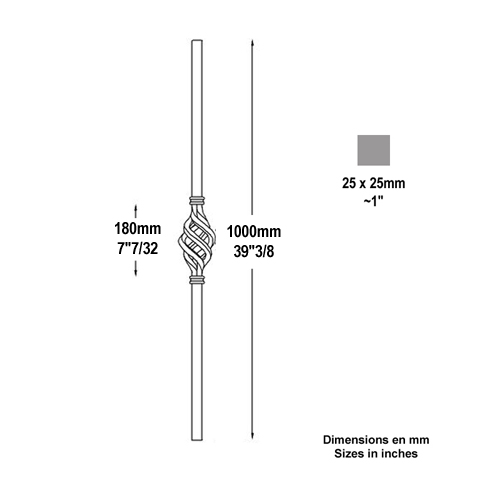 Poteau forg 25x25mm hauteur 1000mm Poteau acier forg Poteau