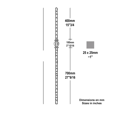 Poteau forg 25x25mm hauteur 1200mm Poteau acier forg Poteau