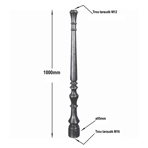 Poteau tourn 95mm hauteur 1000mm Poteau acier tourn Poteau