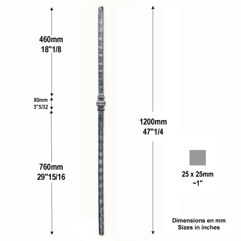 Poteau forg 25x25mm hauteur 1200mm Poteau acier forg Poteau