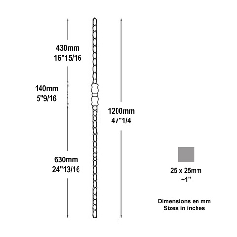 Poteau forg 25x25 hauteur 1200mm Poteau acier forg Poteau