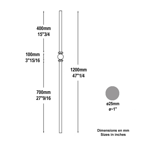 Poteau forg 25mm hauteur 1200mm Poteau acier forg Poteau