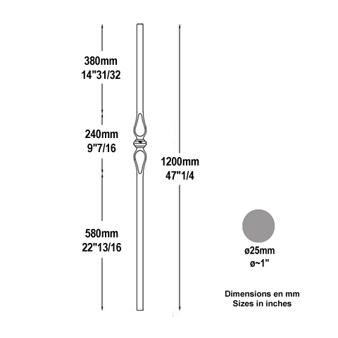 Poteau forg 25mm hauteur 1200mm Poteau acier forg Poteau