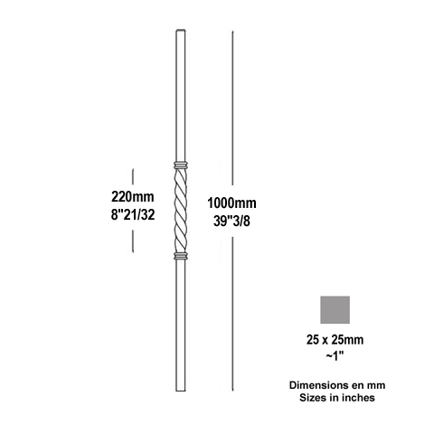 Poteau torsad 25x25 hauteur 1000mm Poteau acier forg Poteau