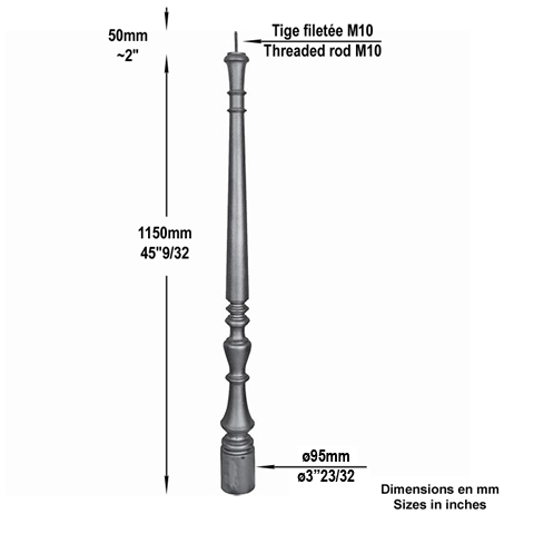 Poteau fonte base 90mm hauteur 1150mm Poteau fonte Poteau