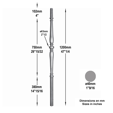 Poteau tourn 40mm hauteur 1200mm Poteau acier tourn Poteau