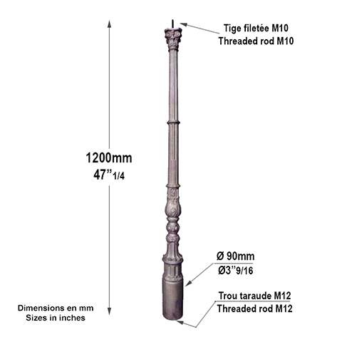 Poteau fonte base 90mm hauteur 1200mm Poteau fonte Poteau