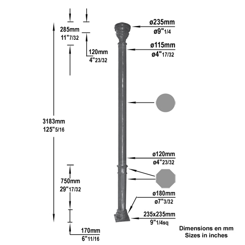 Poteau colonne H3183mm Poteau fonte H3m et Poteau colonne