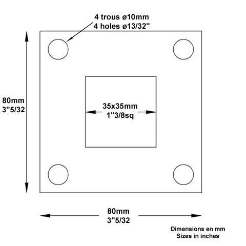 Plaque fixation 80mmx80mm trou 35x35mm Plaque acier Plaque de fixation