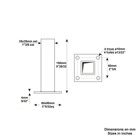 Pied-platine tube 35x35mm embase 80x80mm pour tube 40x40mm peint Pied tubulaire Plaque de fixat