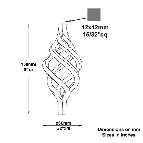 Pigne torsade 12x12mm H120mm Pigne Boule torsade