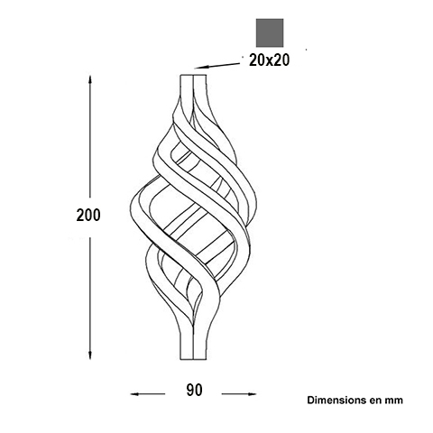 Pigne torsade 16x16mm Hauteur 140mm Pigne Boule torsade