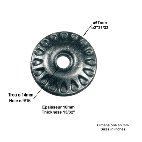 Rosace acier 67mm trou 14 Rosace acier Palmette et rosace