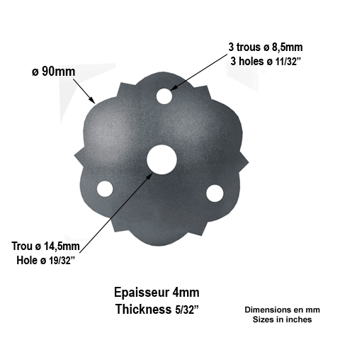 Rosace acier 90mm trou 14,5 Rosace acier Palmette et rosace