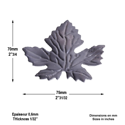 Feuille de vigne 70x75mm tle paisseur 0.6mm pour dcoration Feuillage mince Feuillages et fle