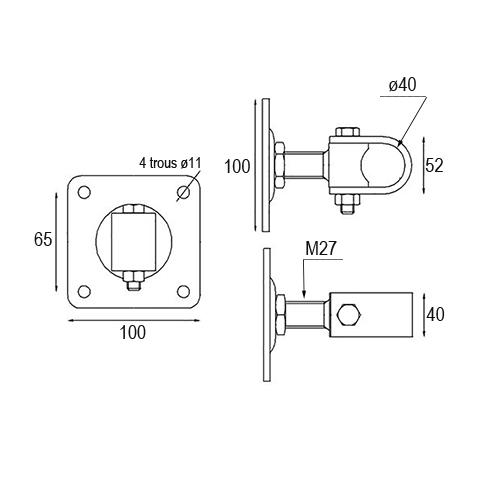 Gond rglable M24 pour tube 40x40mm sur platine  visser pour rglage horizontal Gond  plaquer