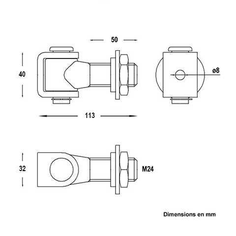 Gond charnire M24 rglable horizontal avec crou rondelle  souder Gond charnire Gond